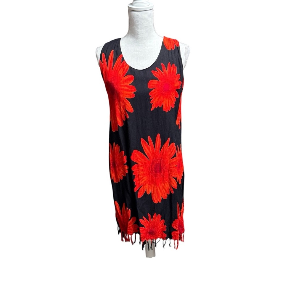 In Gear size large Floral Black and Red Swim Cover-Up with fringe